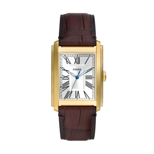 Gents Fossil Rolled Gold Carraway Square Face Brown Strap Watch