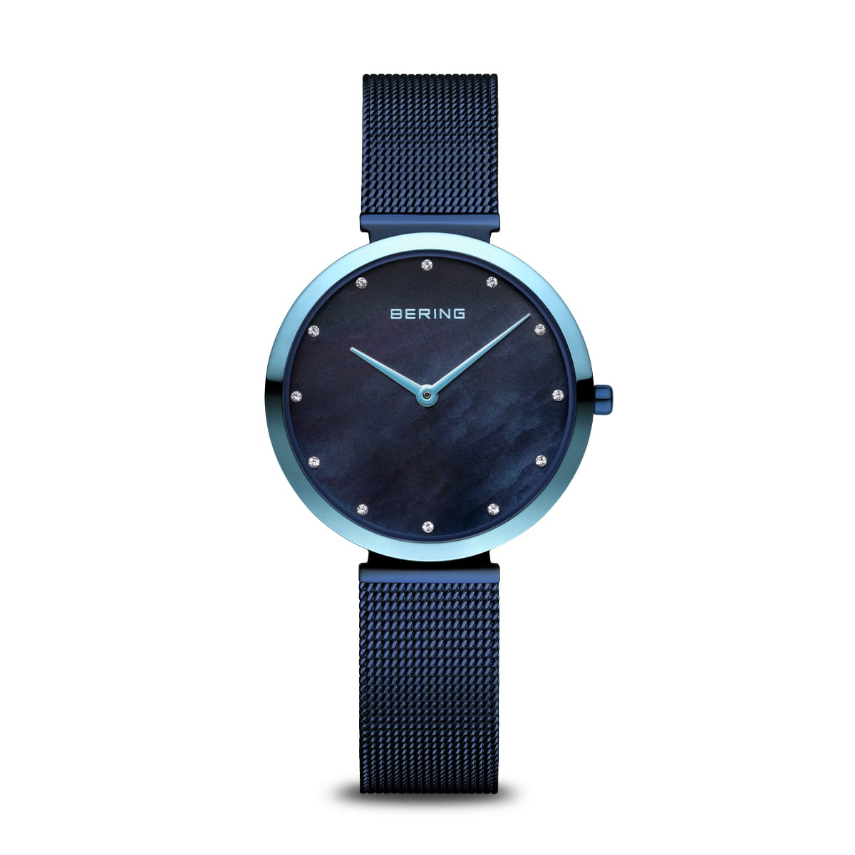 Ladies Stainless Steel Bering Navy Mesh Mother Of Pearl Watch
