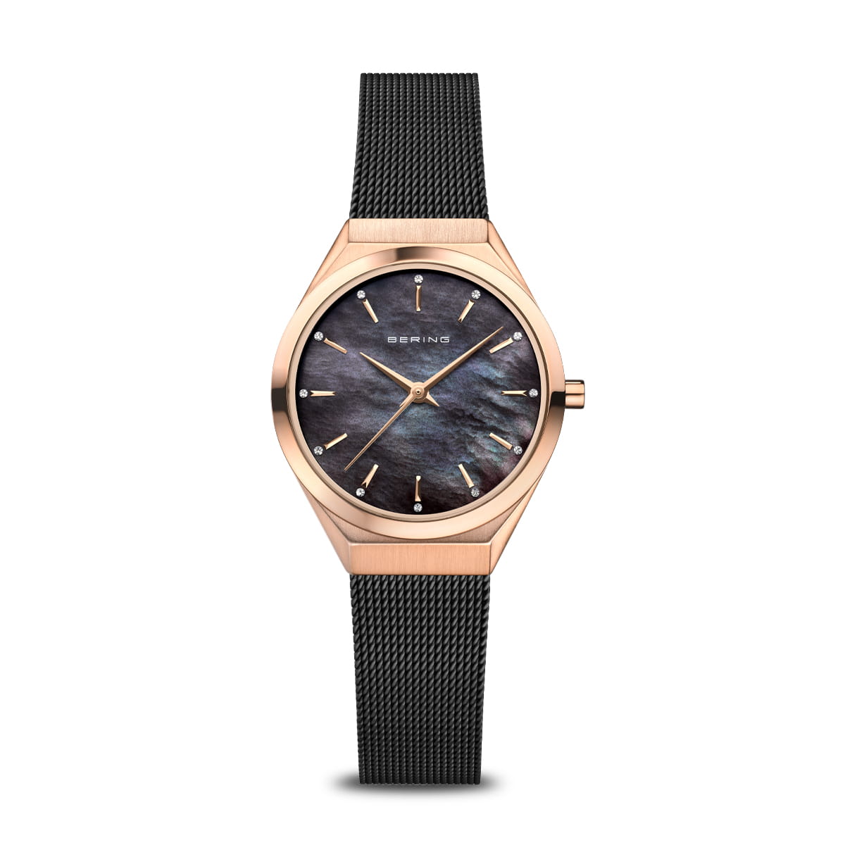 Ladies Rose Gold Bering Black Mesh Strap Black Mother Of Pearl