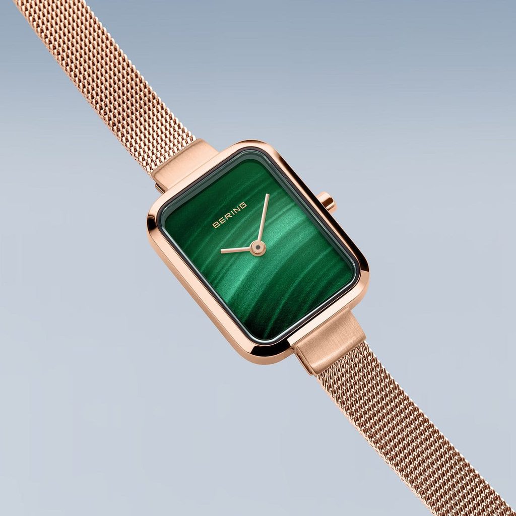 Ladies Rolled Gold Bering Watch With Rectanle Green Dial