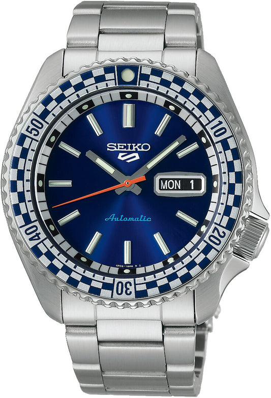 Gents Stainless Steel Seiko 5 Petrol Blue Checkered Flag Special Edition Automatic Watch