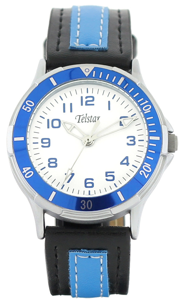 Gents Stainless Steel Black And Blue Strap White Dial Telstar