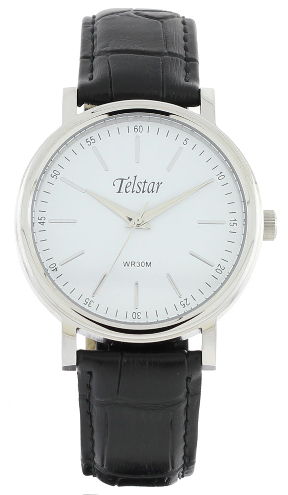Gents Steel Leather Strap White Dial Telstar