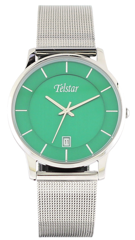 Gents Stainless Steel Mesh Bracelet Green Dial Buda Telstar