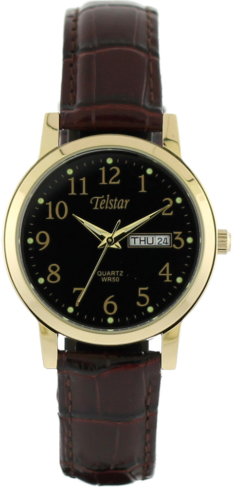 Gents Rolled Gold Black Strap Black Dial Telstar