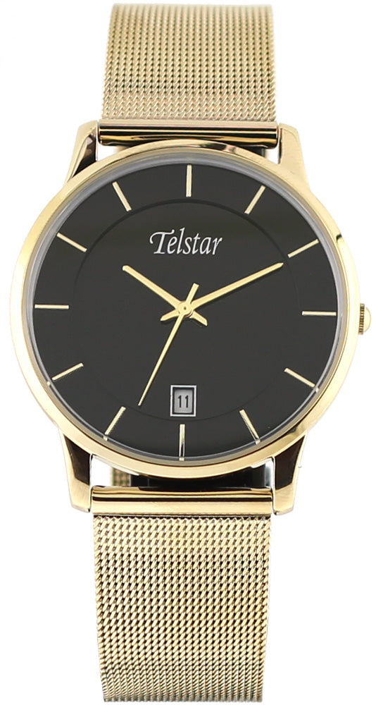 Gents Rolled Gold Mesh Bracelet Black Dial Buda Telstar