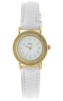 Girls White Communion Watch Gold and CZ Bezel