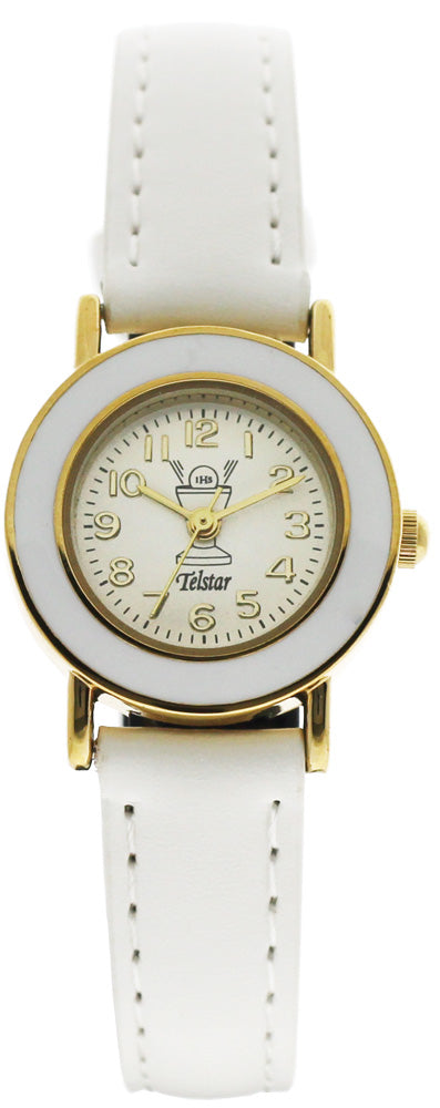 Girls White Communion Watch Gold and Enamel Bezel