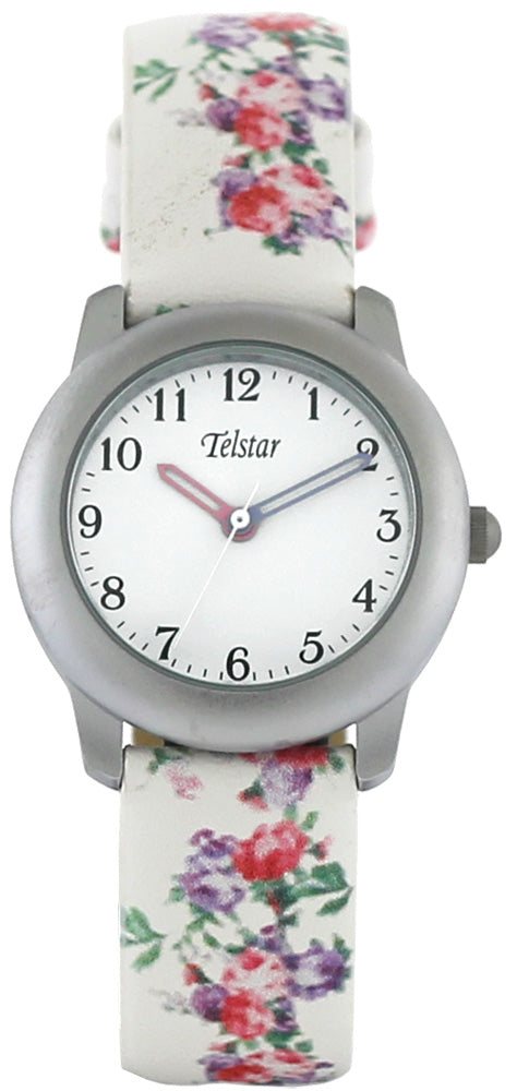 Girls Stainless Steel White Flower Strap White Dial Telstar