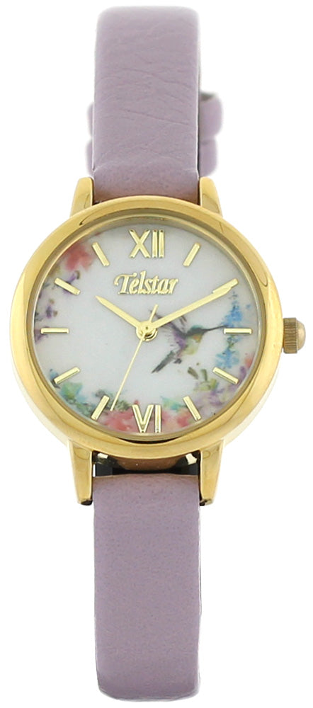 Girls Stainless Steel Purple Strap Floral Dial Telstar Watch