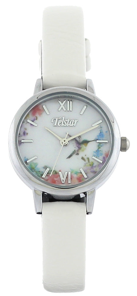Girls Stainless Steel White Strap Floral Dial Telstar Watch