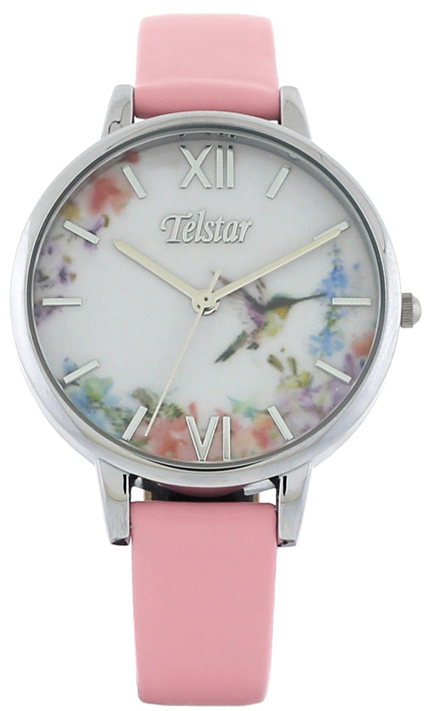 Ladies Stainless Steel Pink Strap Floral Dial Oversized Telstar