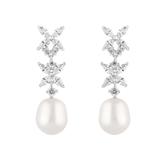 Sterling Silver Cubic Zirconia Flower Drop With Freshwater 9mm Pearl Earring