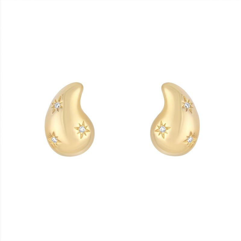 Sterling Silver Gold Plated Chunky Tear Stud Earring With 3 Cubic Zirconia Stars