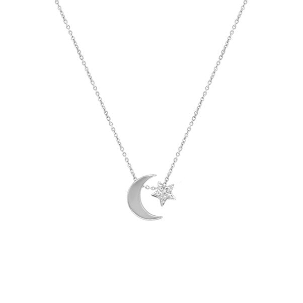 Sterling Silver Moon and Diamond Cut Star Necklet