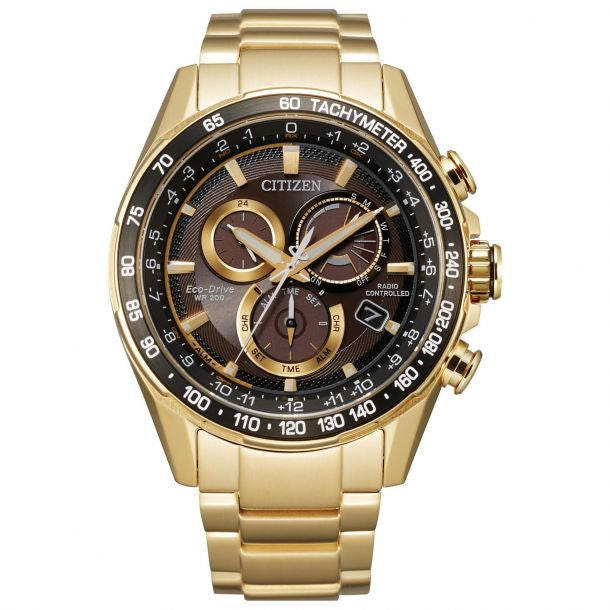 Gents Citizen Rolled Gold Black Chronograph Eco Drive Watch