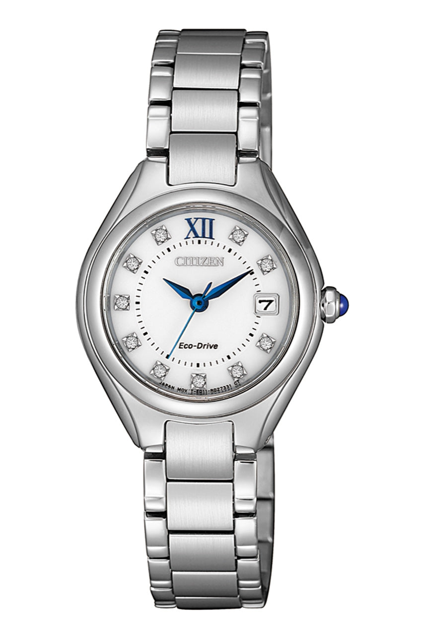 Ladies Citizen White Cubic Zirconia Watch With Blue Accents