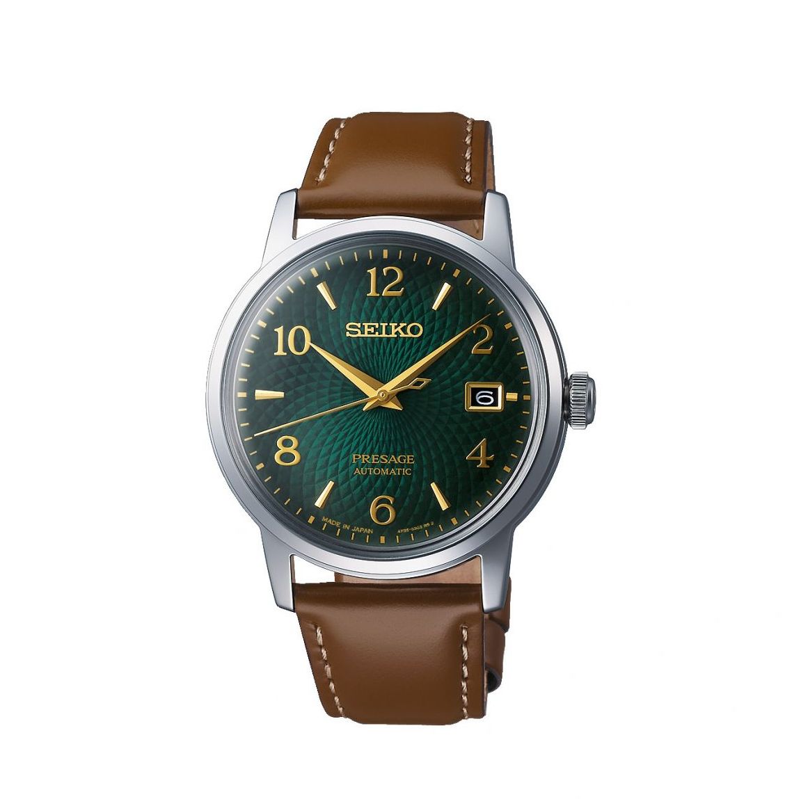 Gents Stainless Steel Brown Strap Green Dial Presage Seiko Watch