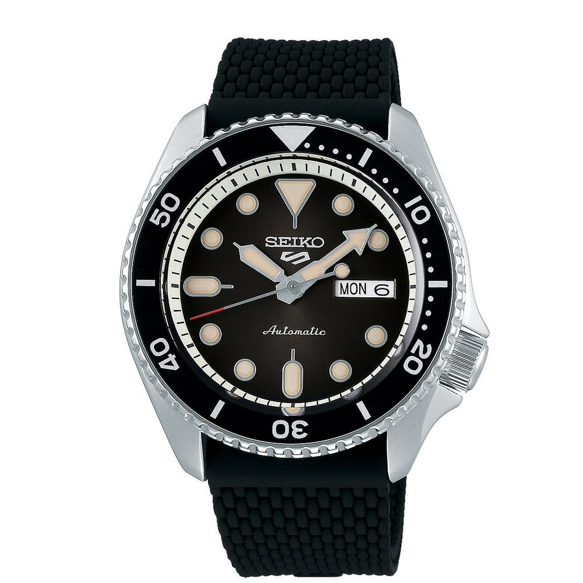Gents Stainless Steel Black Silcone Strap Automatic Seiko Watch