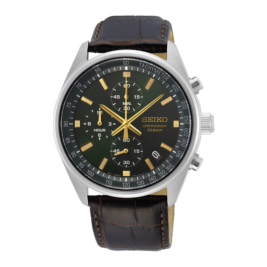 Gents Stainless Steel Brown Strap Chronograph Seiko Watch