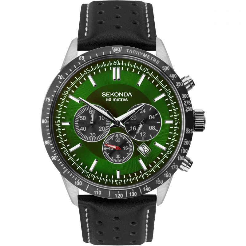 Gents Stainless Steel Sekonda Green Chronograph Dial Watch