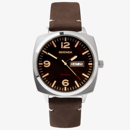 Gents Sekonda Square Black Dial Watch With Brown Strap