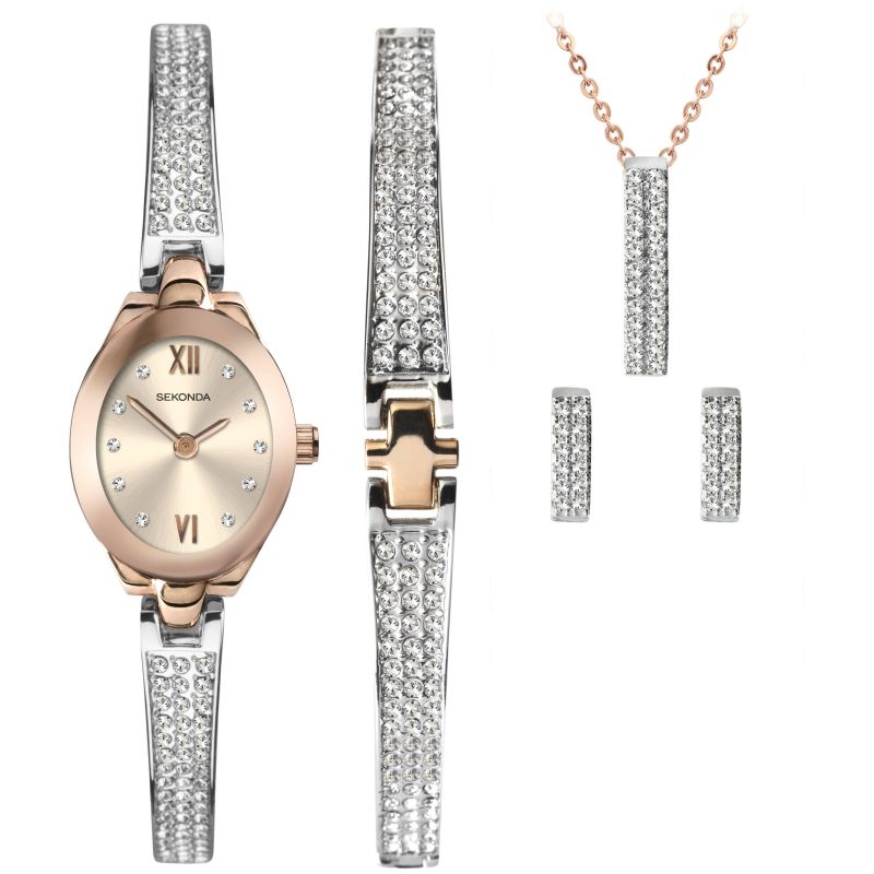Ladies Mixed Strap Watch Set With Pendant, Earrings, Bracelet