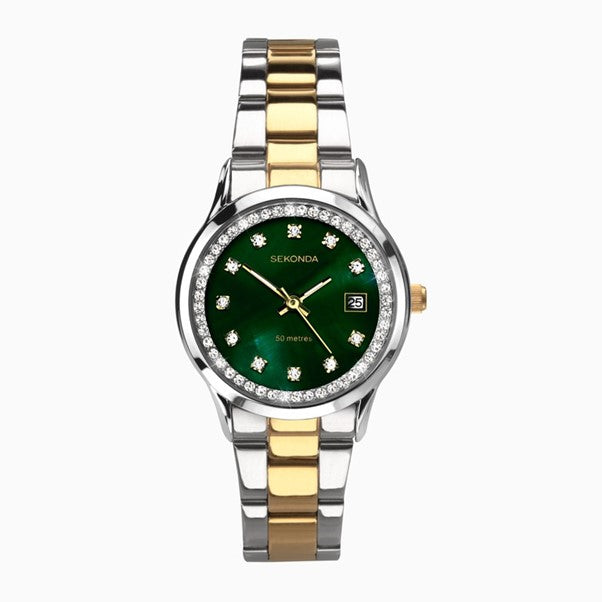 Ladies Sekonda Two Tone Green Dial Cubic Zirconia Watch