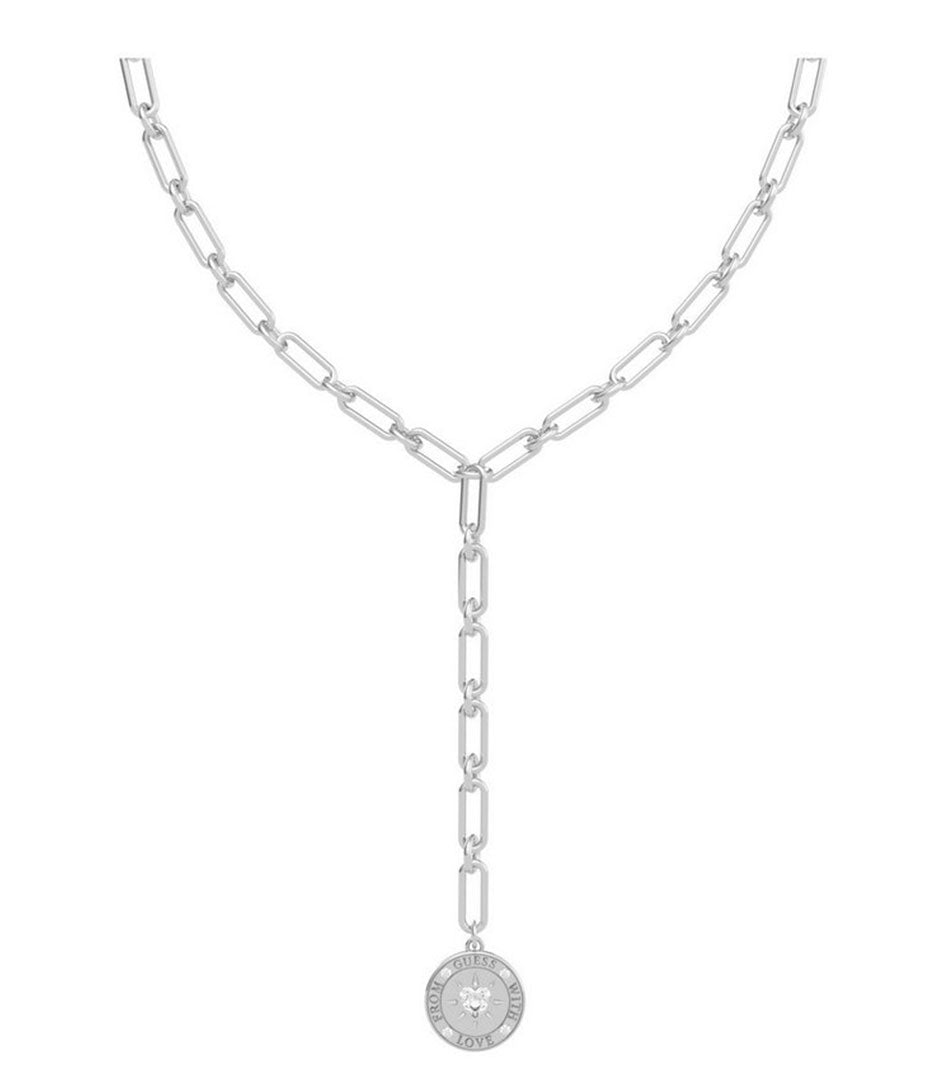 Guess Silver Plated Necklet With Cubic Zirconia Heart Disc