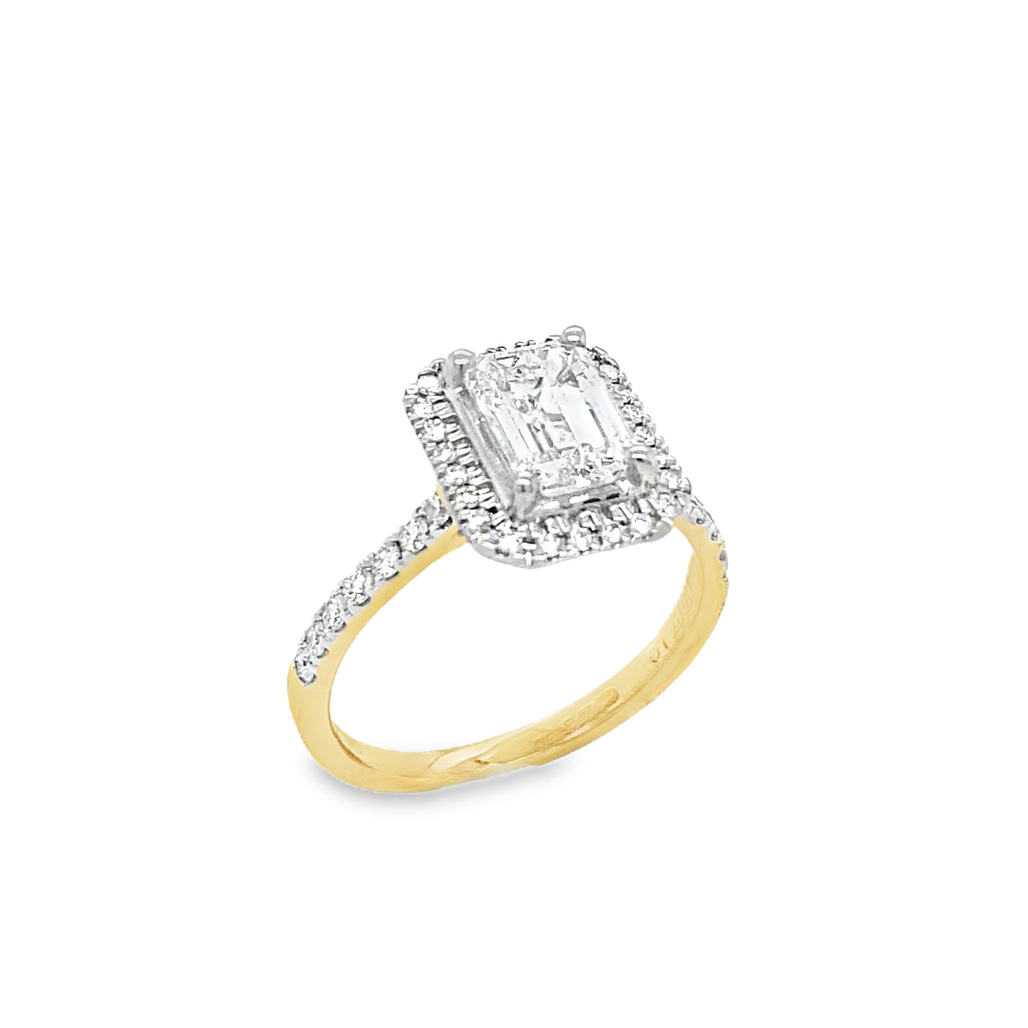18ct Emerald Cut Halo Cultured Diamond Ring With Shoulders 1.86ct