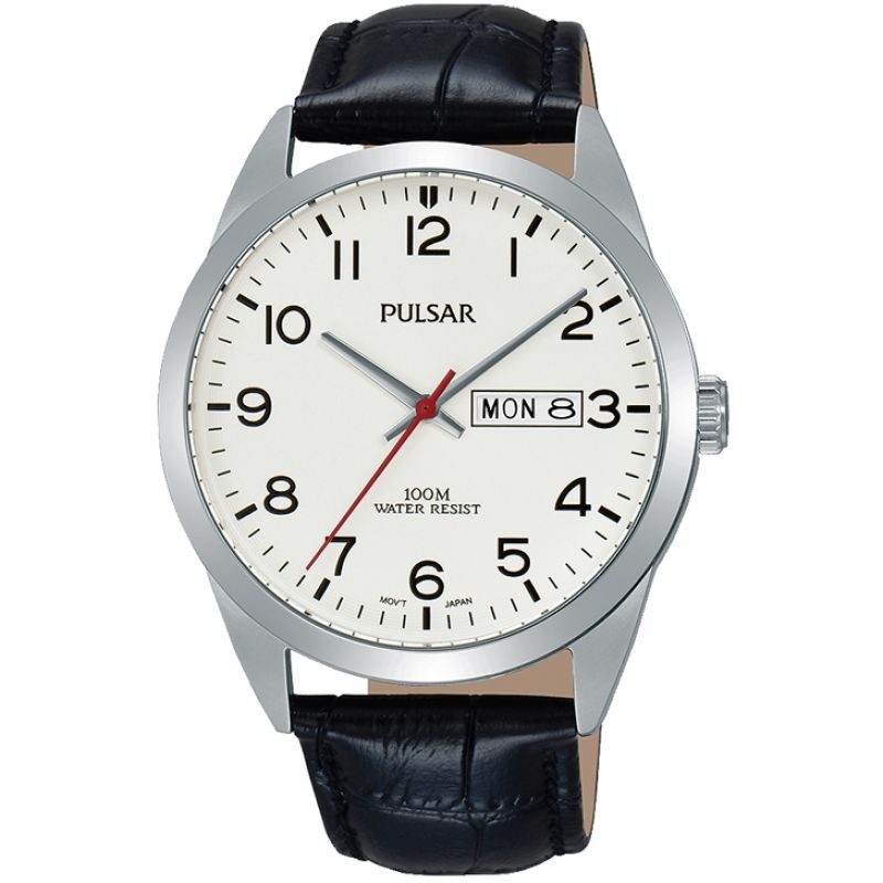 Gents Steel Strap White Dial Black Strap Pulsar Watch