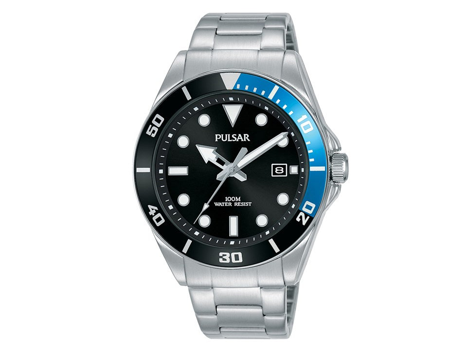 Gents Steel Bracelet Black Dial With Date Window Pulsar Watch