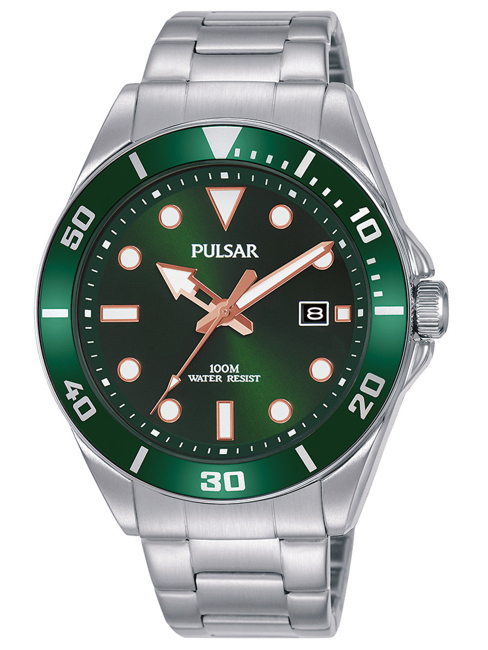 Gents Steel Bracelet Green Dial Date Window Pulsar Watch