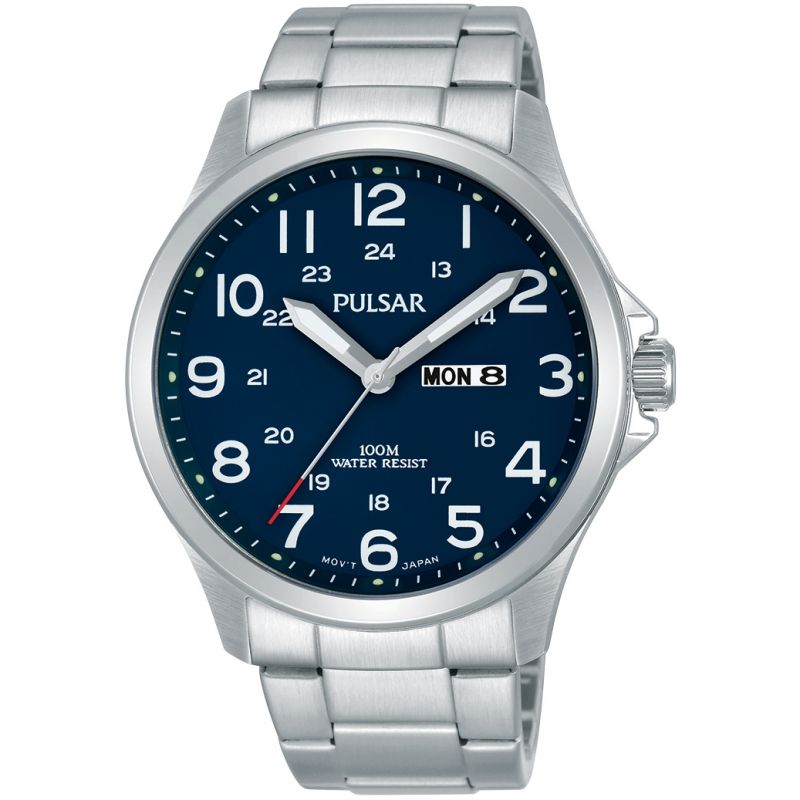 Gents Steel Bracelet Blue Dial Day/Date Window Pulsar Watch