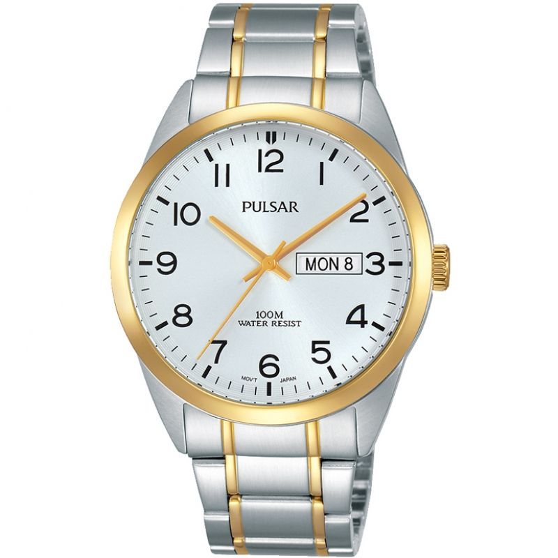 Gents Mixed Bracelet White Dial Day/Date Window Pulsar Watch