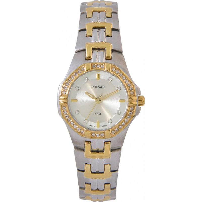 Ladies Two Tone Bracelet Stone Set Bezel Pulsar Watch