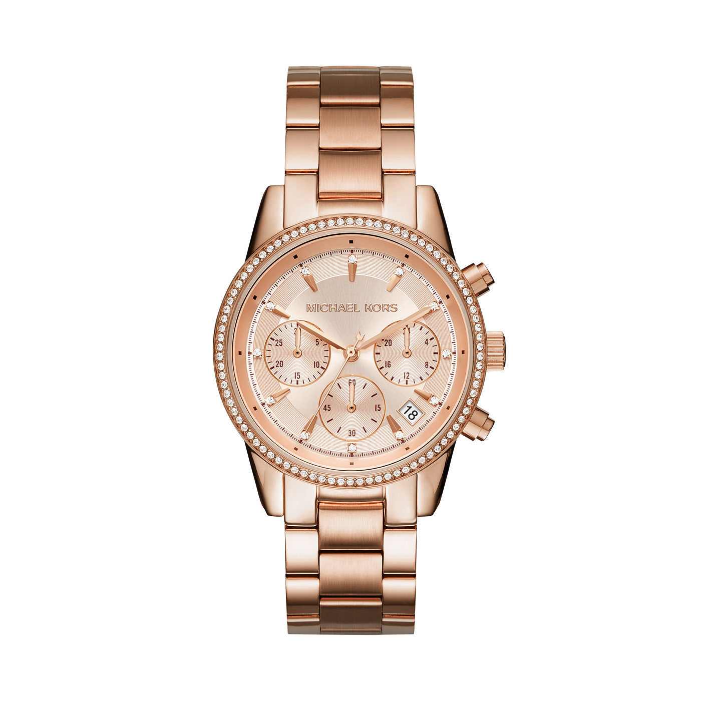 Ladies Stainless Steel Bracelet Cubic Zirconia With Rose Dial