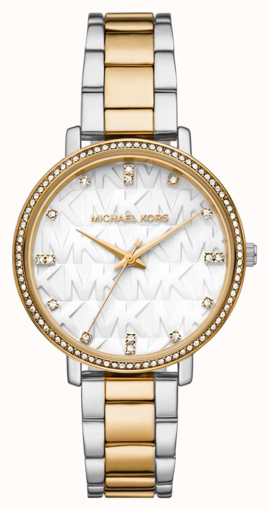 Ladies Michael Kors Two Tone Stone Set Bezel White Dial