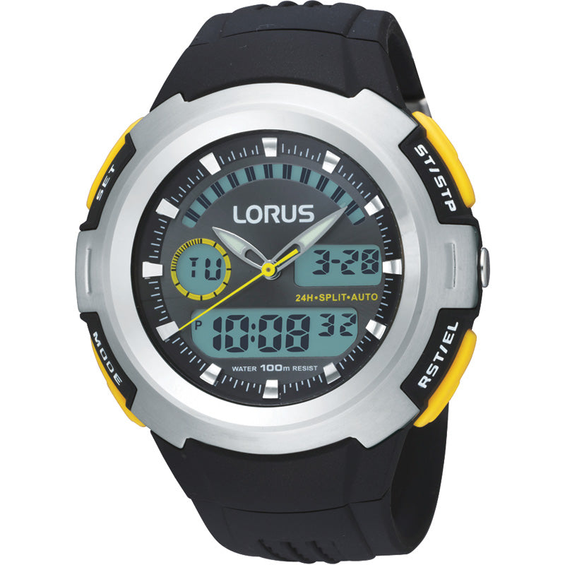 Gents Digital Black Rubber Strap  Yellow Buttons Lorus Watch