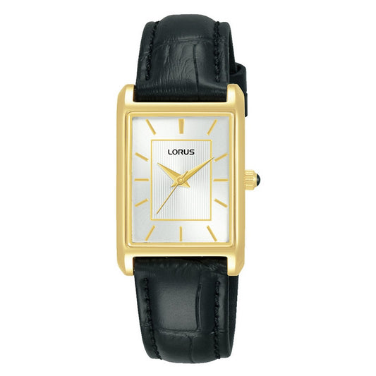 Ladies Lorus Rolled Gold Rectangular Dial With Black Strap
