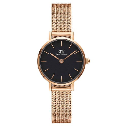 Ladies Rolled Gold Rose Mesh Bracelet Black Dial Petite 24 Dw