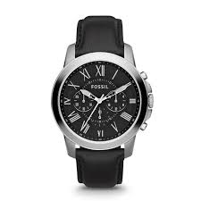 Gents Stainless Steel Black Leather Strap Chrono Fossil Watch