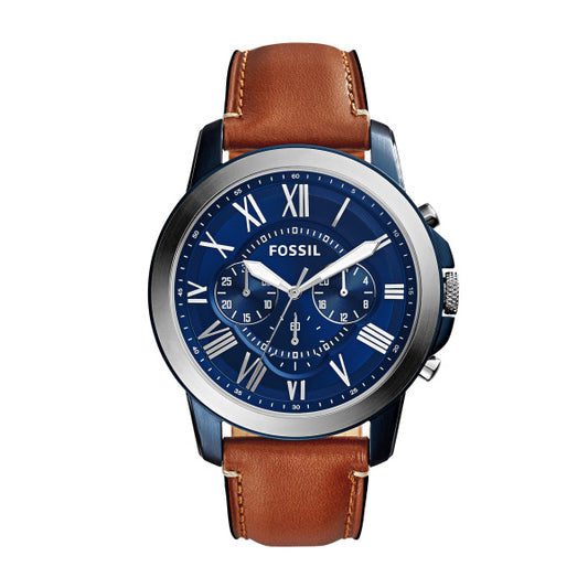 Gents Stainless Steel Blue Face Leather Strap Fossil Watch