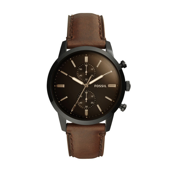 Gents Stainless Steel Brown Leather Strap Townsman Fossil Watch