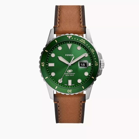 Gents Fossil Green Bezel/Dial Brown Strap Watch
