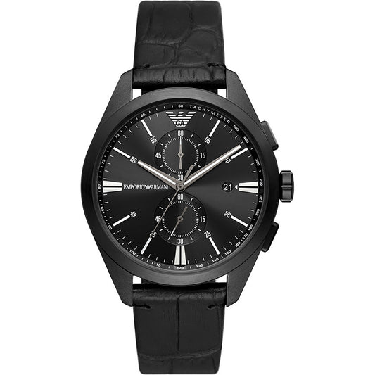 Gents Armani Black Dial And Strap Chronograph Watch