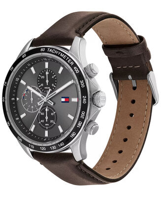 Gents Tommy Hilfiger Black Chronograph Brown Strap Watch