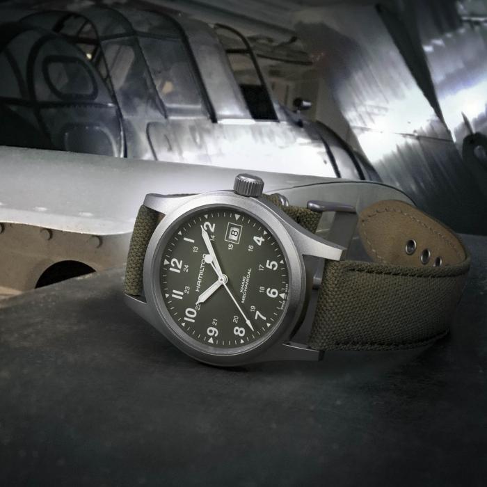 Gents Steel Green Strap Khaki Field Mechanical Hamilton