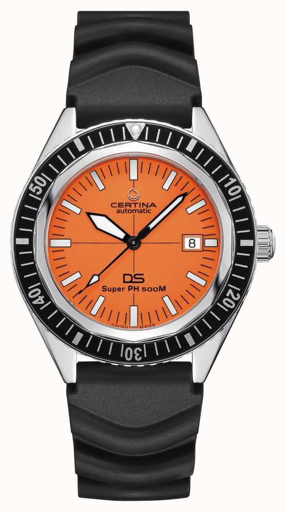 Gents Certina Black Rubber Strap With Orange Dial