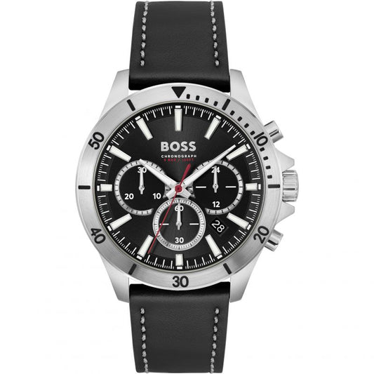 Gents Hugo Boss Troper Black Chronograph Watch With Leather